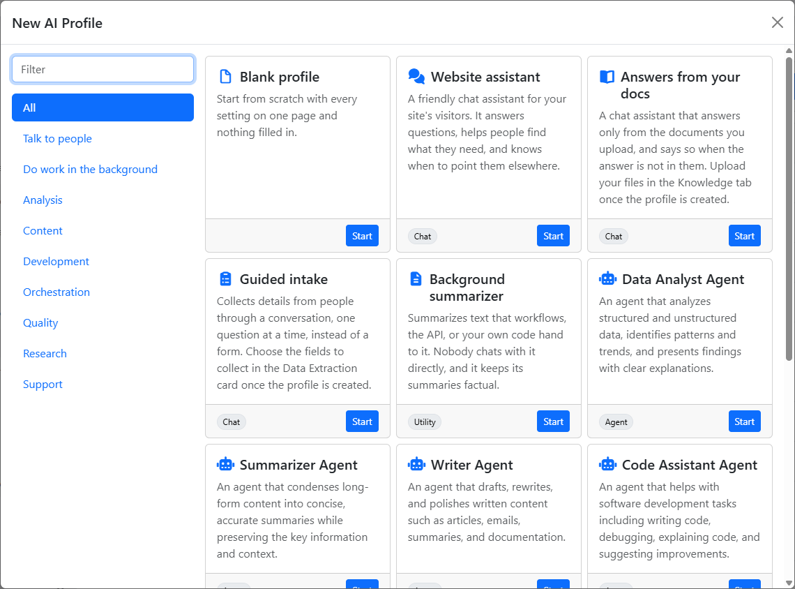 The New AI Profile picker, with a filter box and categories on the left and a card for each starting point