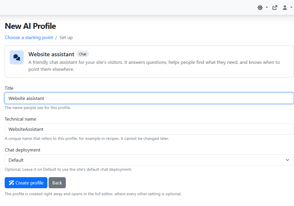 The setup step, showing the chosen starting point above the Title, Technical name and Chat deployment fields