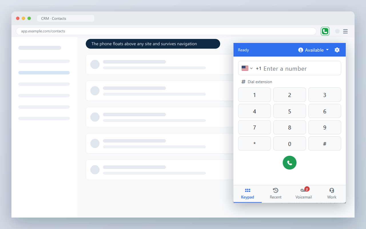 The soft phone browser extension floating above a web page, with its keypad and the Keypad, Recent, Voicemail and Work tabs
