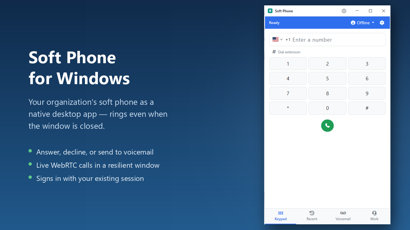 The Soft Phone Windows app window with its keypad, presence menu and settings button