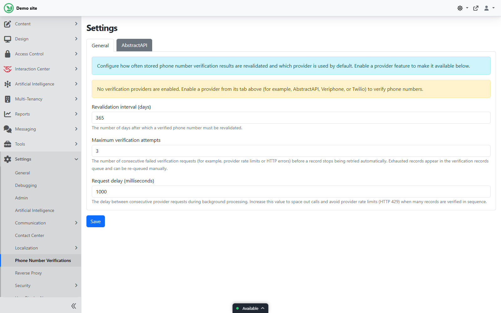 Phone number verifications core settings